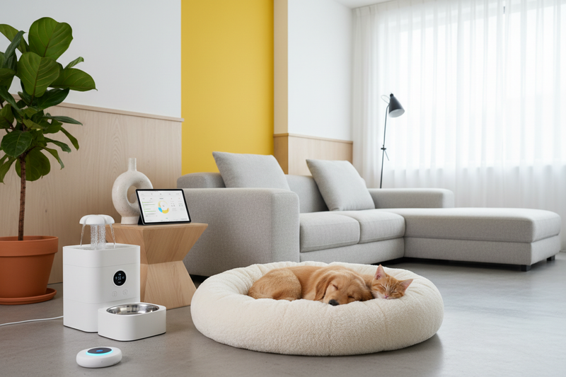 un-cane-e-un-gatto-riposano-dolcemente-in-una-bella-cuccia-pelosa-con-accanto-oggetti-smart-per-la-cura-degli-animali-si-trovano-in-un-ambiente-con-un-design-moderno-e-minimal. una-delle-pareti-della-casa-ha-questa-tonalit-di-giallo-ffc22b