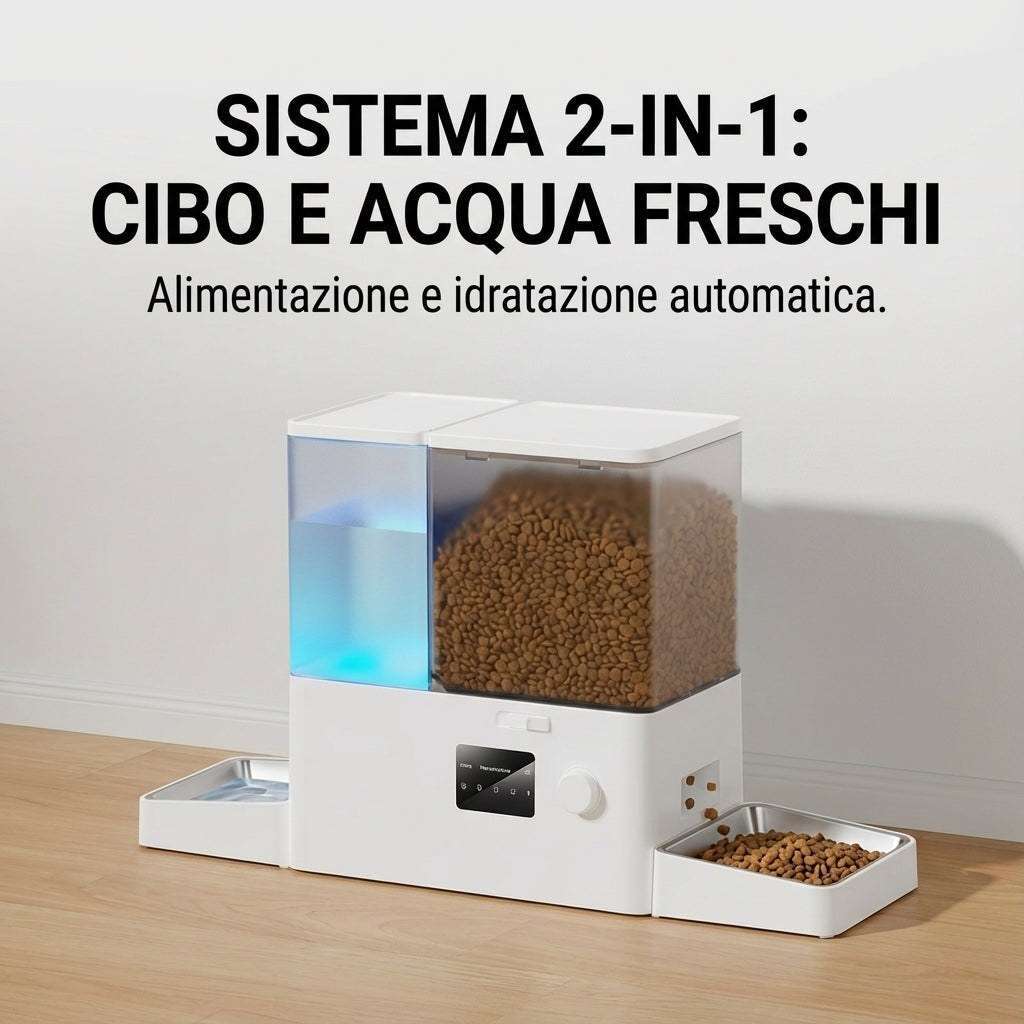 Stazione pasti 2-in-1: fontanella 8, 5 L + dispenser kibble