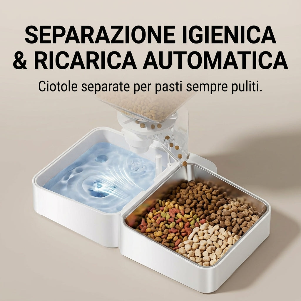 Stazione pasti 2-in-1: fontanella 8, 5 L + dispenser kibble