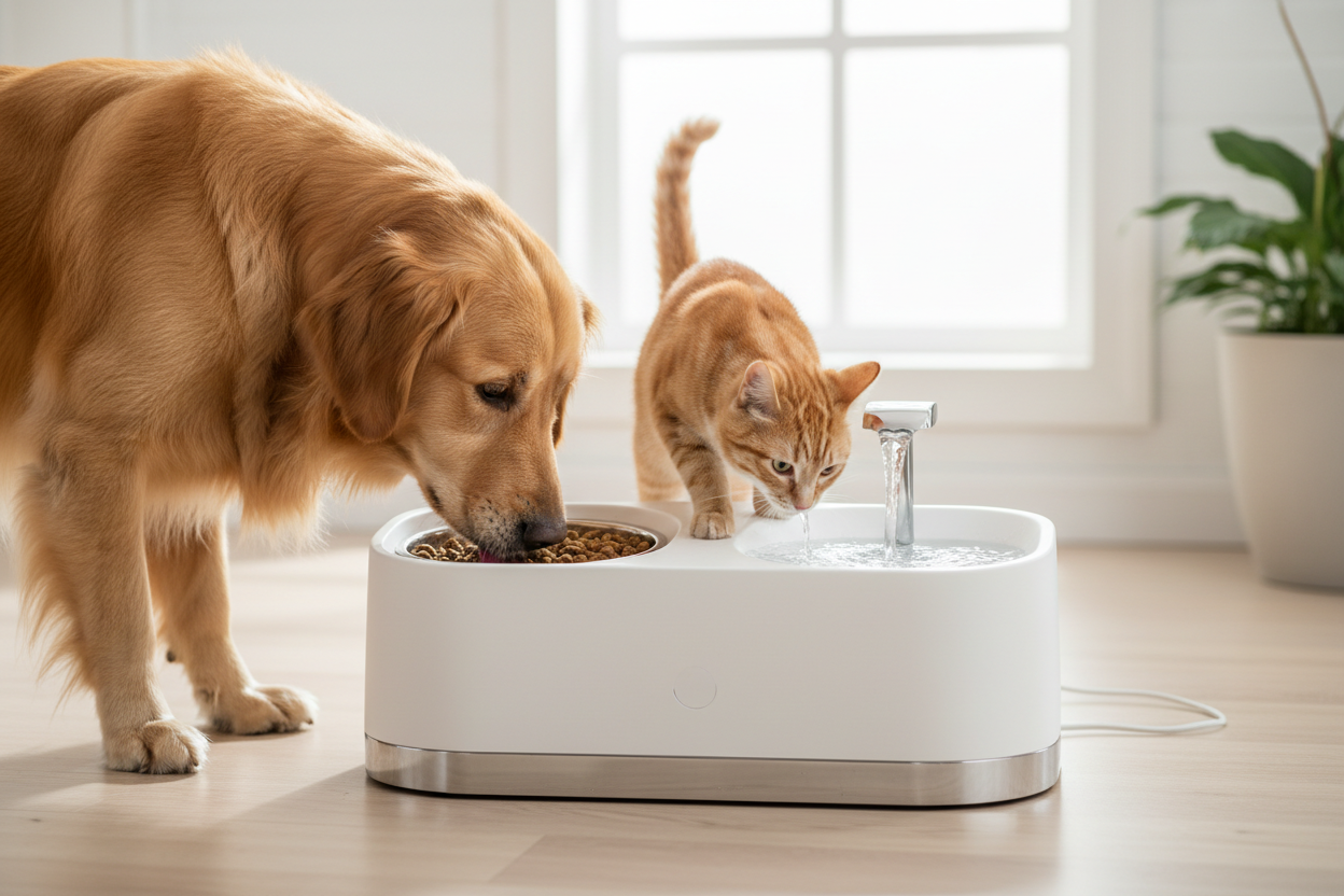 un cane e un gatto mangiano e bevono da un distributore smart intelliggente per cibo per animali. Non ci sono schermi o testi 