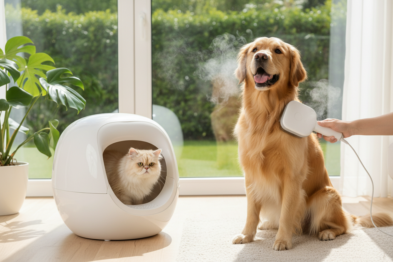 un cane e un gatto usano prodotti smart per l'igiene e la cura dell'animale, come una spazzola a vapore o una lettiera per gatti auto pulente. Il gatto usa la lettiera auto pulente e il cane viene accarezzato con la spazzola a vapore. I prodotti non hanno schermi led ma hanno un design pulito, semplice e minimalista ma moderno 