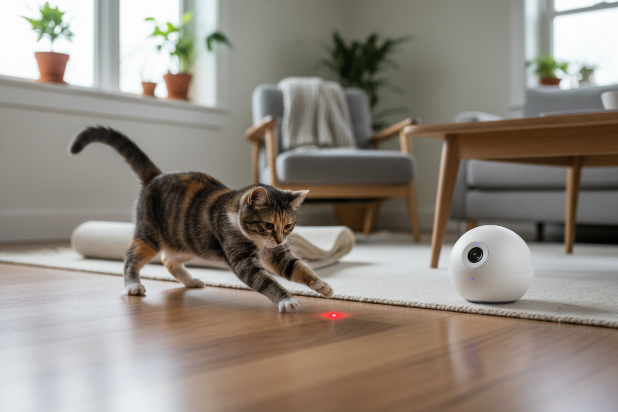 un gatto gioca con un giocattolo laser smart per gatti. cerca di inseguire il laser che è puntato sul pavimento. il giocattolo smart ha un design moderno e carino, ma è piccolo 